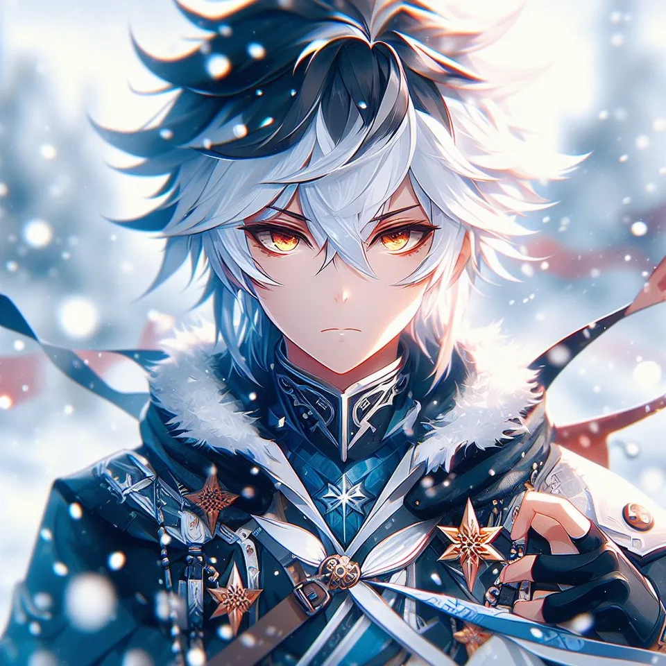 Anime character with silver hair and amber eyes in blue winter armor amidst falling snow