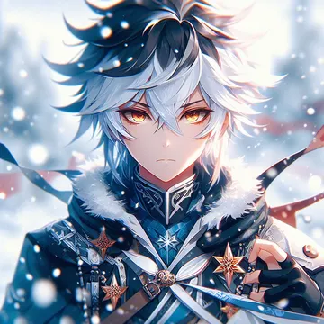 Anime character with silver hair and amber eyes in blue winter armor amidst falling snow