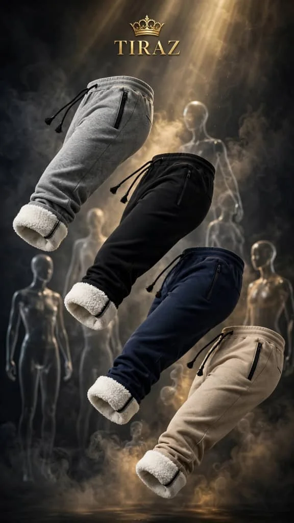Four floating fleece-lined sweatpants in gray black navy and beige against a smoky backdrop with mannequins