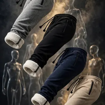 Four floating fleece-lined sweatpants in gray black navy and beige against a smoky backdrop with mannequins