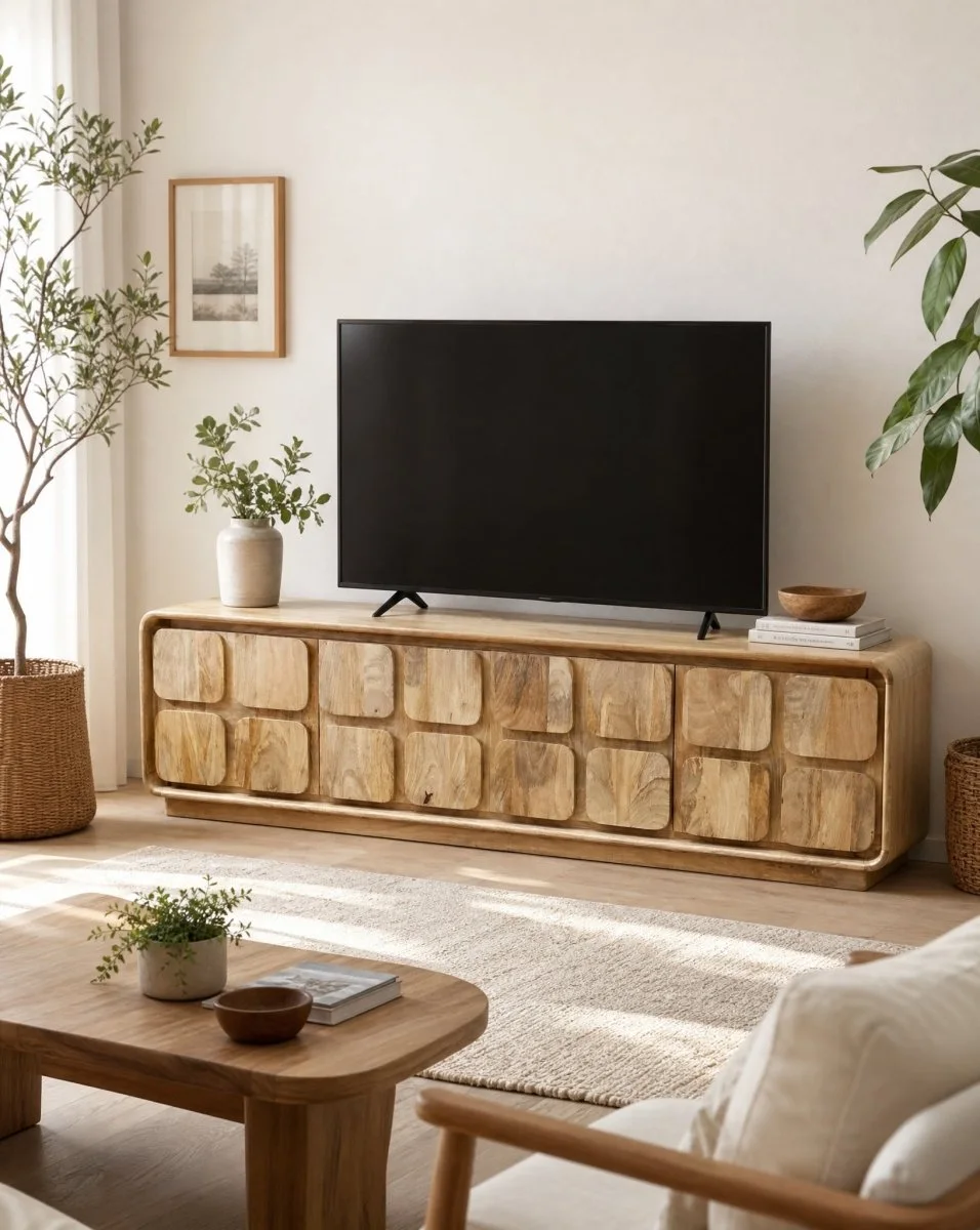 A modern living room with wooden furniture, plants, and sunlight streaming through windows