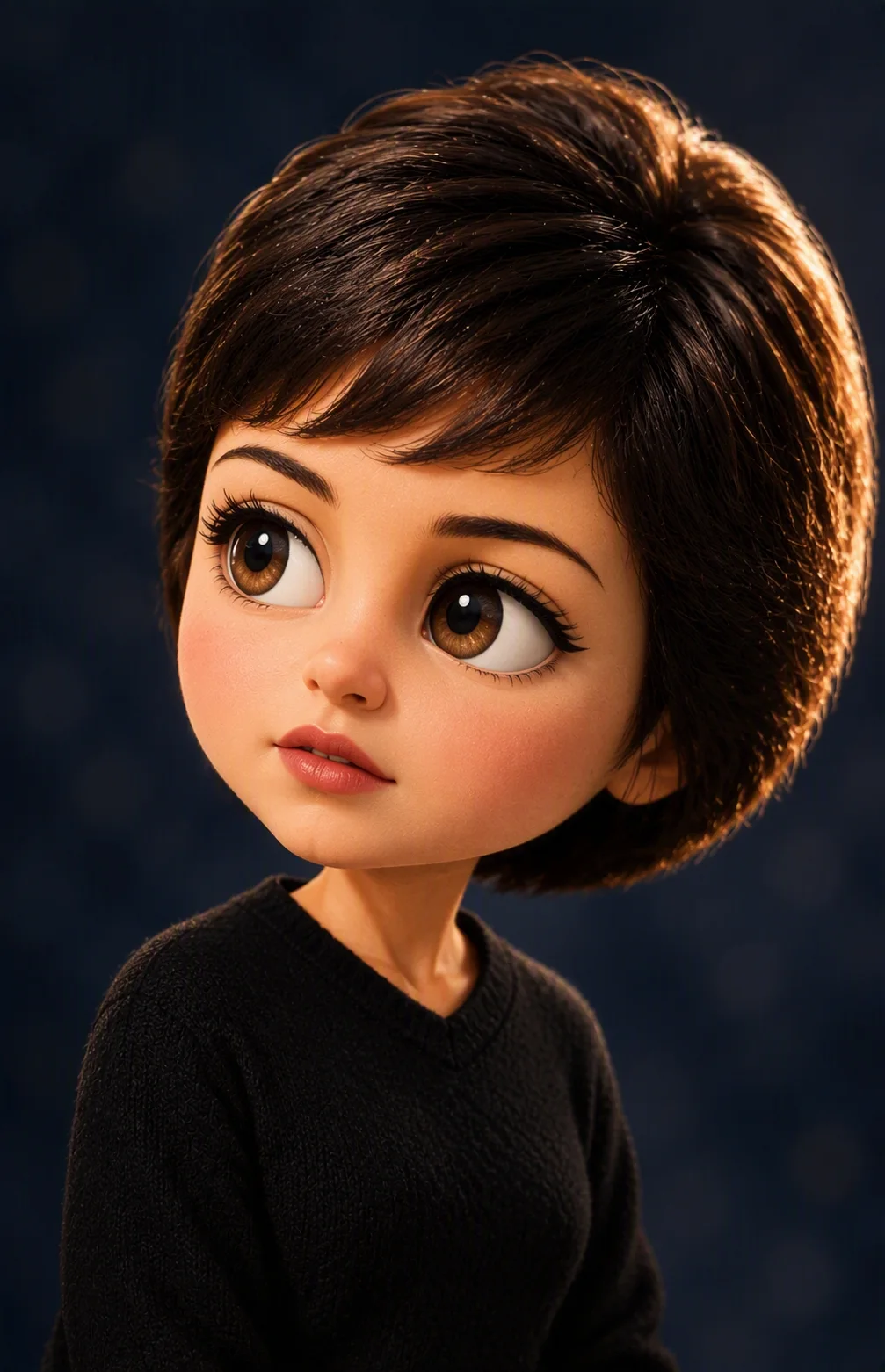 A young girl with short brown hair and large brown eyes wearing a black sweater against a blue background