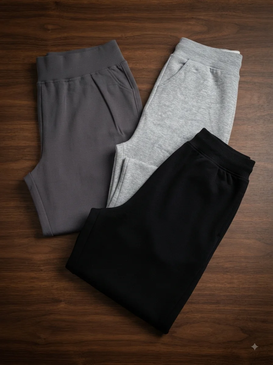 Three folded sweatpants in charcoal gray heather gray and black on a wooden surface
