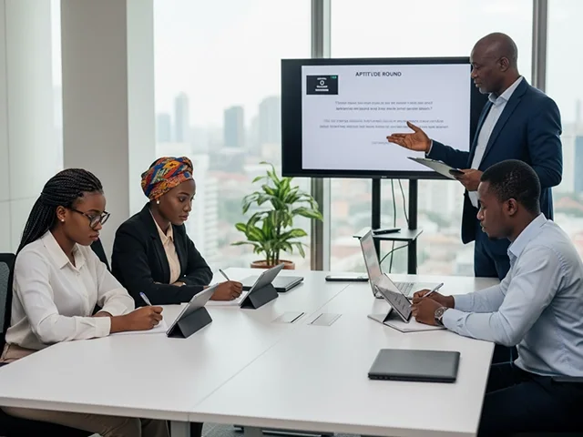 Four professionals in a modern office conducting a business presentation with laptops and tablets