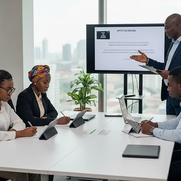Four professionals in a modern office conducting a business presentation with laptops and tablets