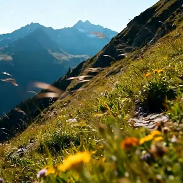 A low-angle view of a sunlit mountain meadow with wildflowers in the foreground and distant snow-capped peaks under a clear blue sky