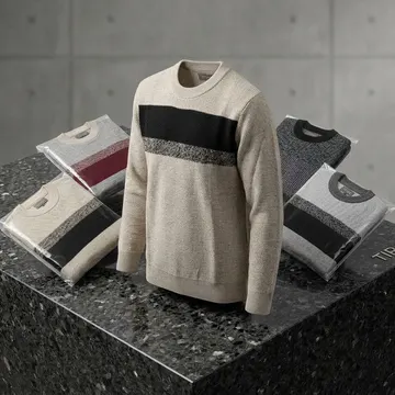 Beige sweater with black stripe displayed on granite pedestal with packaged sweaters nearby