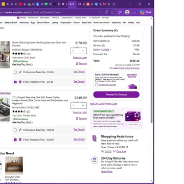 Wayfair cart showing black ergonomic chair and L-shaped desk with power outlets