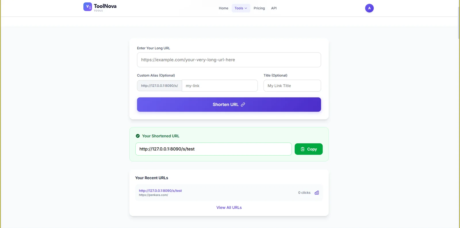 A screenshot of a URL shortening web interface for ToolNova, showing input fields and a shortened URL result