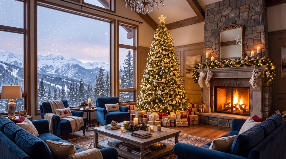 A cozy, AI-generated Christmas living room with a decorated tree, fireplace, and snowy mountain view through large windows