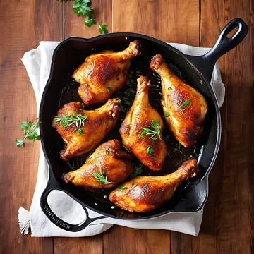 A cast-iron skillet containing roasted chicken legs garnished with herbs, resting on a white cloth on a wooden surface