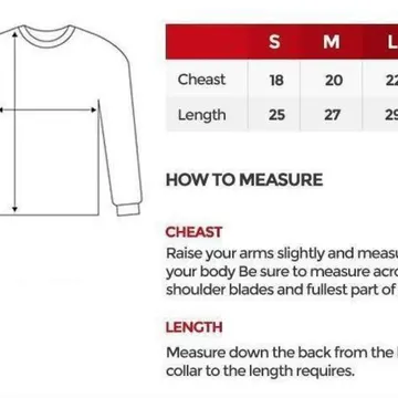 Diagram showing how to measure chest and length for a long sleeve shirt with size chart