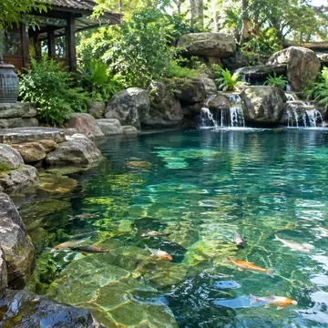 A child sits by a pond watching koi fish swim near a waterfall in a lush garden