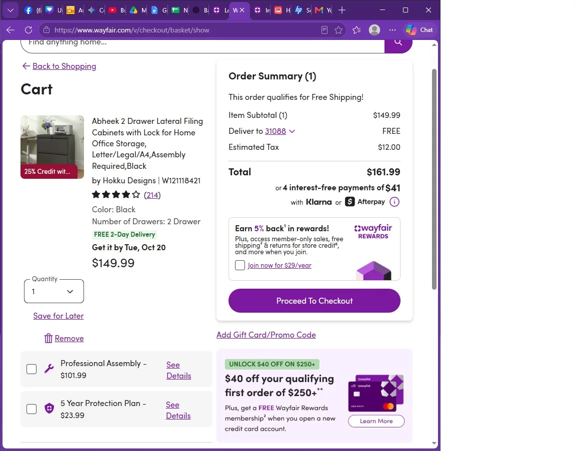 Wayfair shopping cart page with black filing cabinet and checkout options