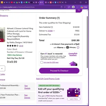 Wayfair shopping cart page with black filing cabinet and checkout options
