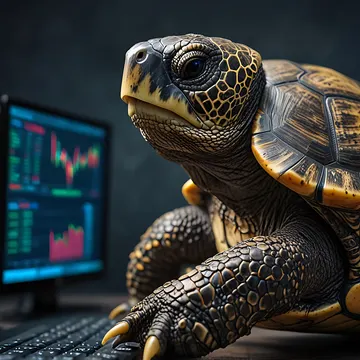 A large tortoise is positioned in front of two computer monitors displaying financial charts and graphs