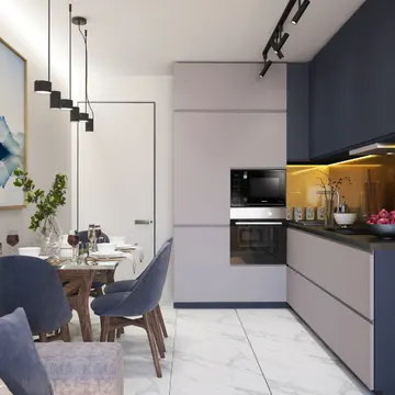 Modern kitchen and dining area with navy cabinets white marble floor and blue chairs