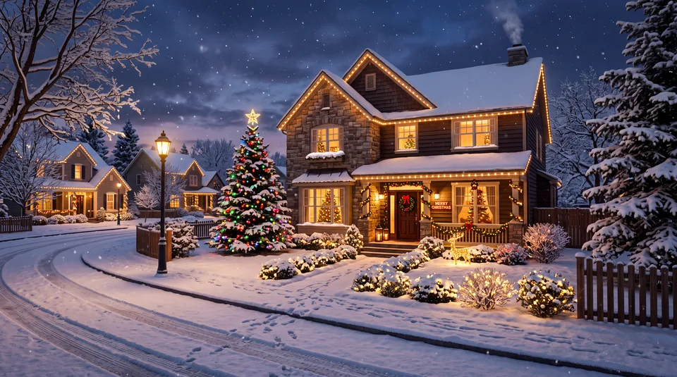 a house view from the street during christmas