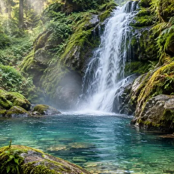 A waterfall cascades into a clear turquoise pool in a mossy forest with sunlight filtering through trees