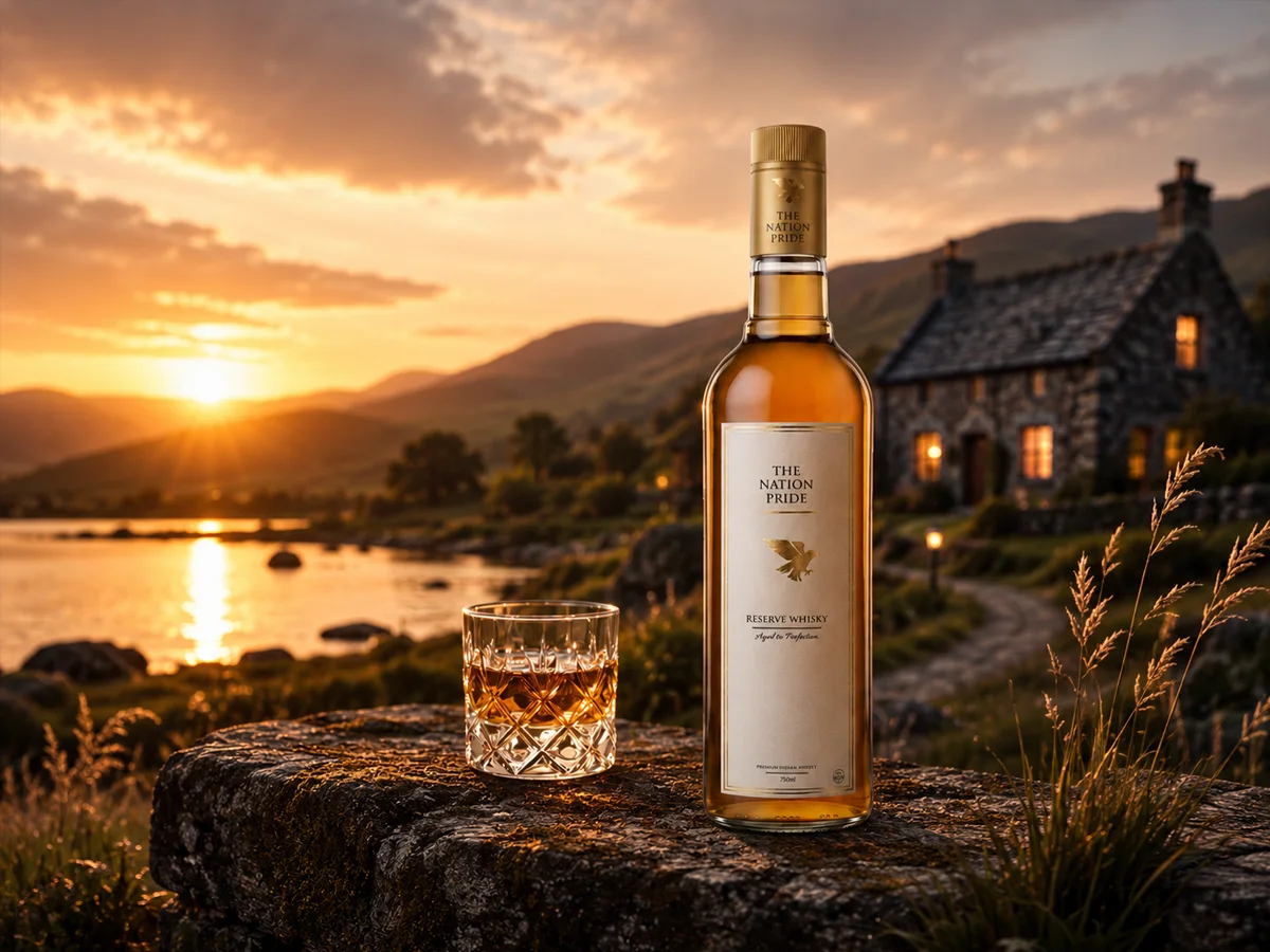 A bottle and glass of whisky on a stone by a lake at sunset near a cottage