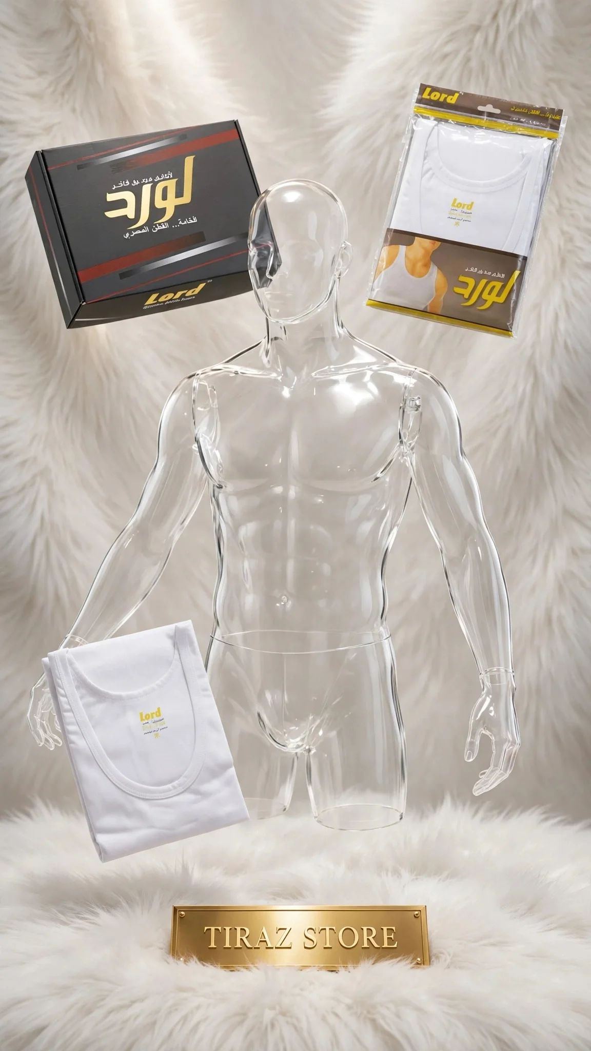 Clear mannequin with white undershirts and branded packaging on fluffy white surface with gold store plaque