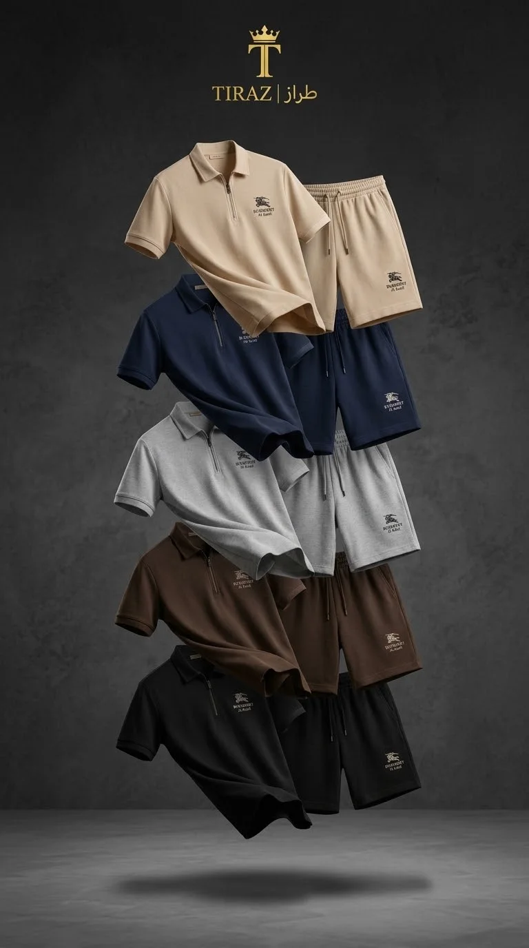 Five floating men's polo shirt and shorts sets in neutral colors against a dark gray wall