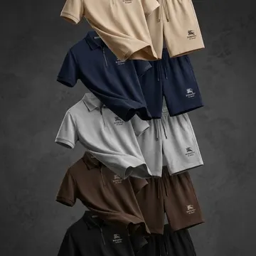 Five floating men's polo shirt and shorts sets in neutral colors against a dark gray wall