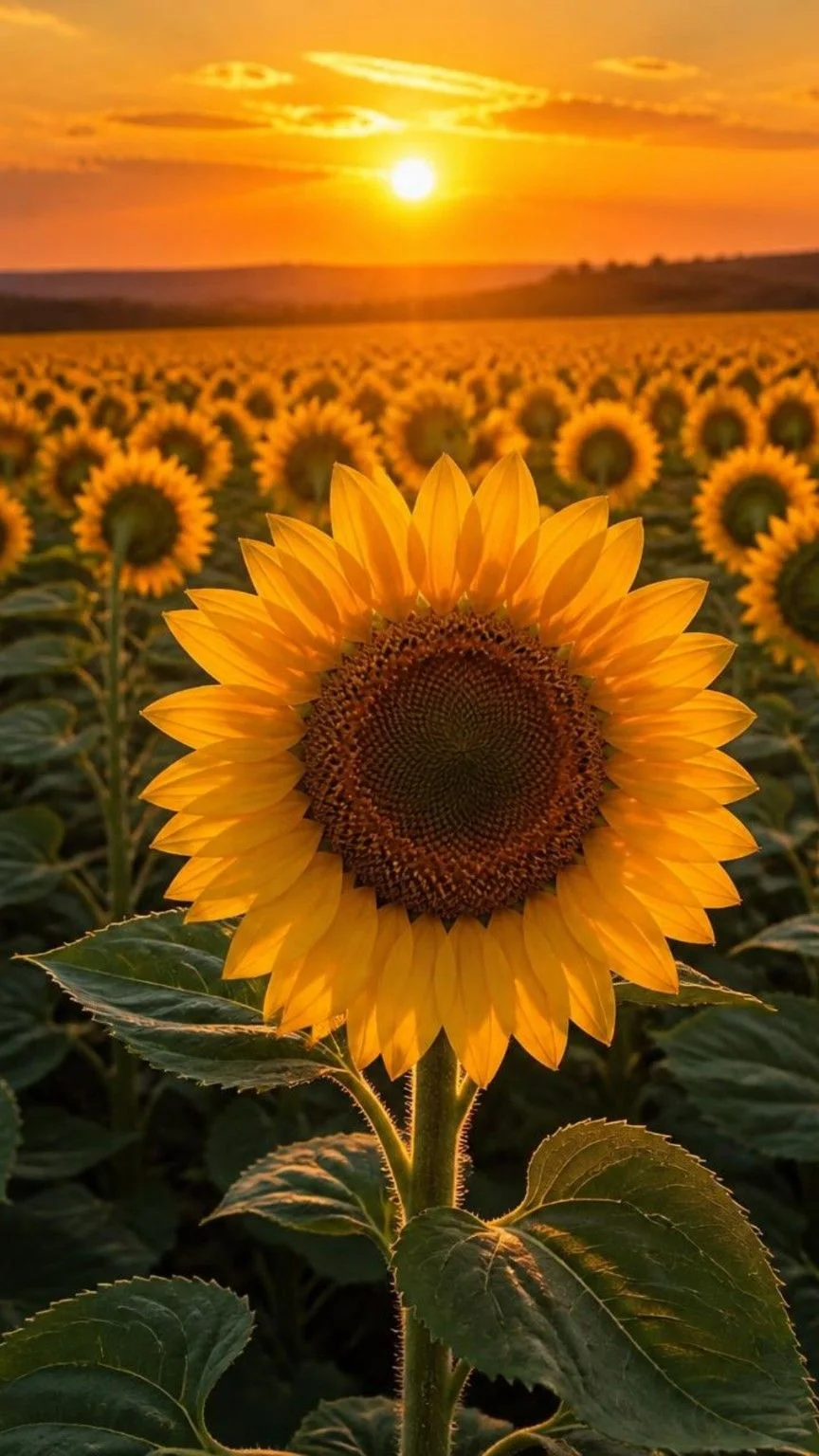 Sunflower field at golden sunset with warm glow and distant hills