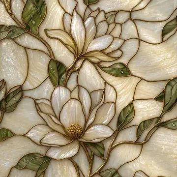 Stained glass magnolia flowers with gold outlines and dewdrops on green leaves