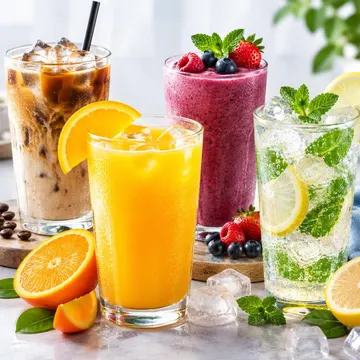 Three glasses of iced drinks with orange lemon mint and berries on a marble table