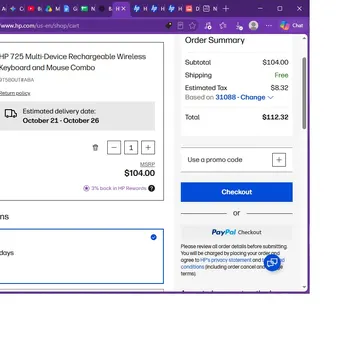 HP shopping cart showing wireless keyboard and mouse combo with total price and delivery options
