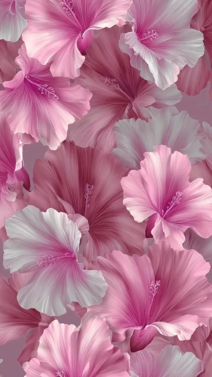 Pink and white hibiscus flowers in a dense floral pattern with soft gradients and delicate veining