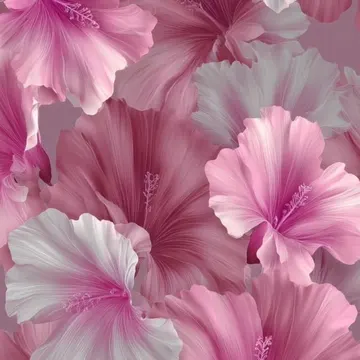 Pink and white hibiscus flowers in a dense floral pattern with soft gradients and delicate veining