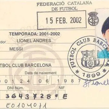 FC Barcelona player ID card with Lionel Messi's photo and handwritten details dated February 15 2002