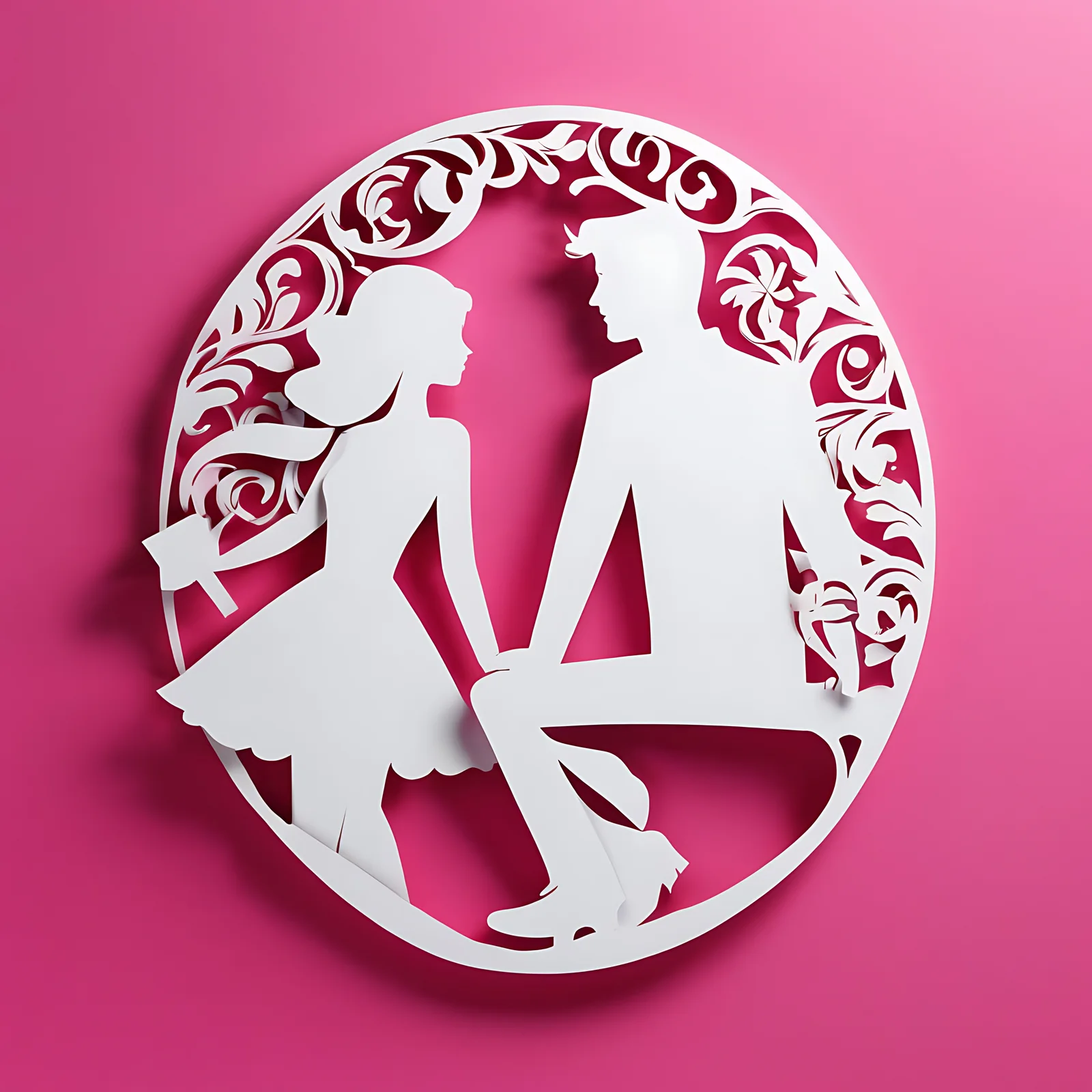 A white paper-cutout silhouette of a man and a woman sitting together inside a decorative circular frame against a solid pink background