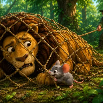 A cartoon mouse frees a trapped lion from a hunter's net in a forest