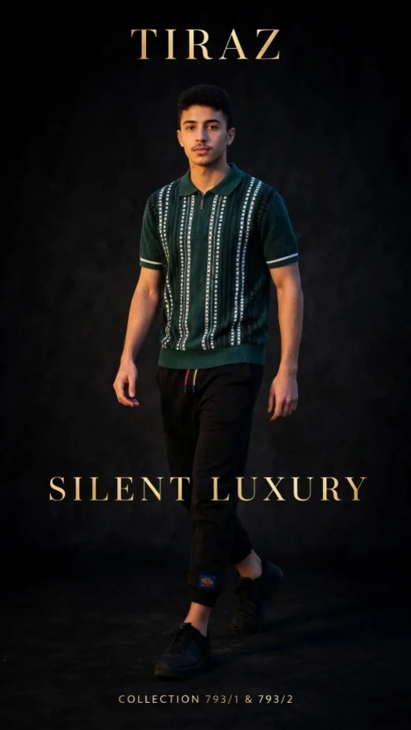 A young man in a green patterned polo and black joggers walking in a studio with gold text