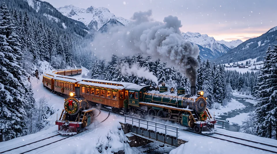 A steam train decorated with lights travels through a snowy mountain valley at dusk, emitting smoke and steam