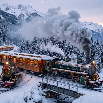 A steam train decorated with lights travels through a snowy mountain valley at dusk, emitting smoke and steam