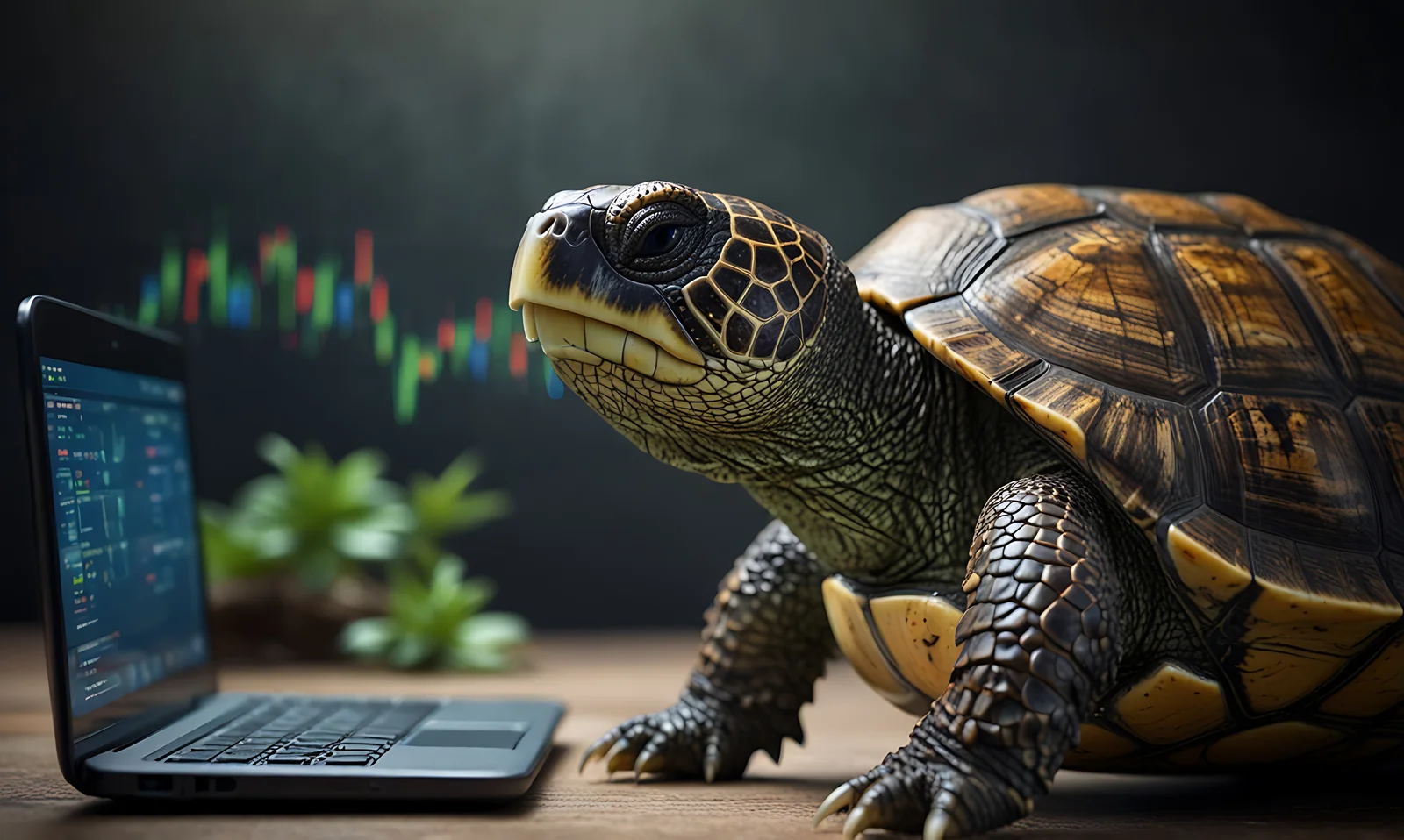 A large tortoise is positioned next to an open laptop displaying financial charts, with a blurred background showing candlestick graphs and a potted p