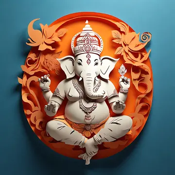 A stylized, paper-cutout depiction of the Hindu deity Ganesha, seated in a meditative pose within an orange circular frame against a blue background