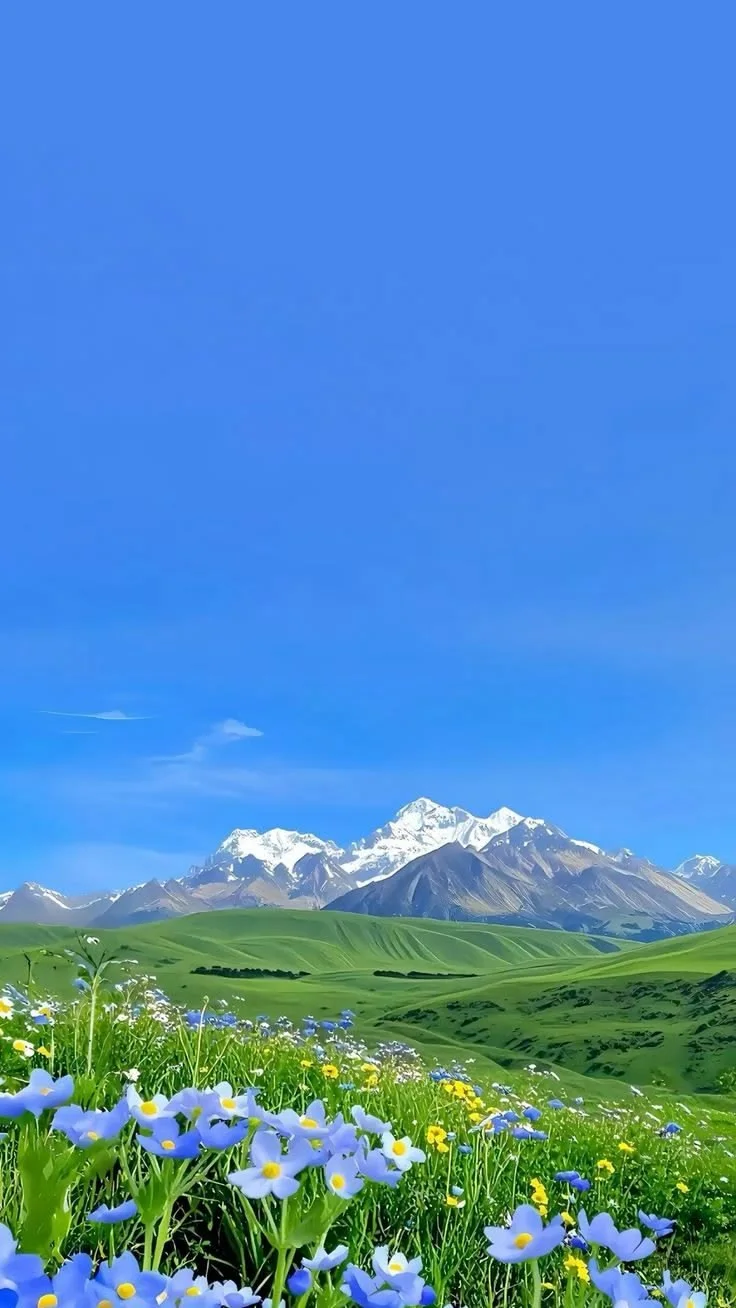 Snowcapped mountains rise behind rolling green hills with blue and yellow wildflowers in foreground