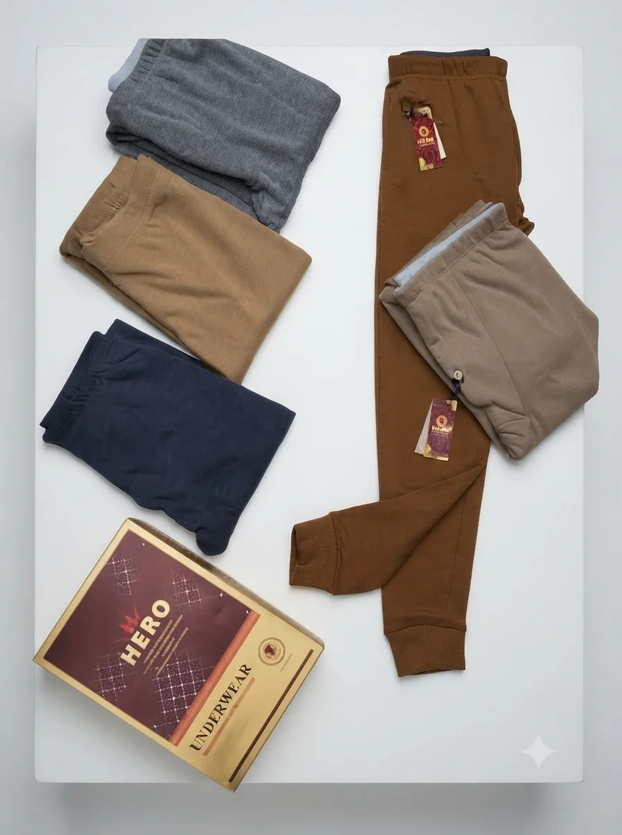 Five folded men's thermal underwear pants and a HERO underwear box on a white surface