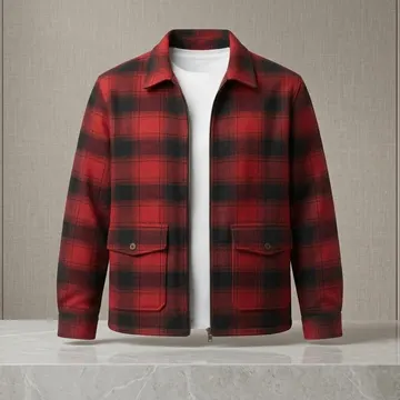 Red and black plaid jacket with zipper and pockets on marble display pedestal