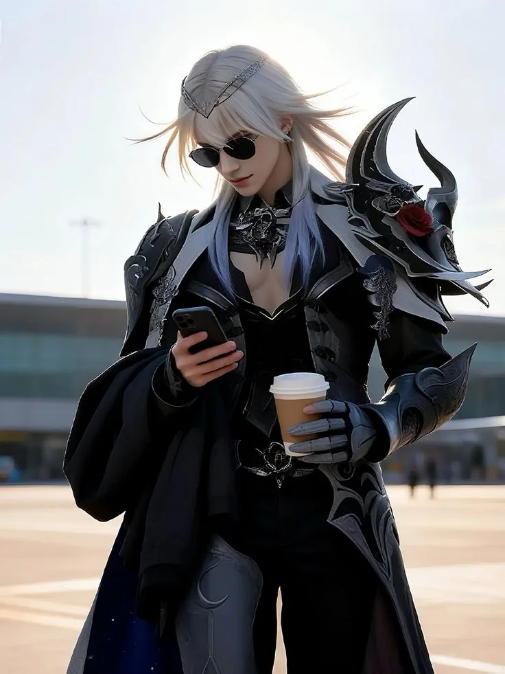 A person in elaborate fantasy armor holding a smartphone and a coffee cup, wearing sunglasses and a headpiece