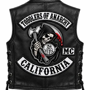 Black leather vest with embroidered patches featuring grim reaper and text toddlers of anarchy california mc