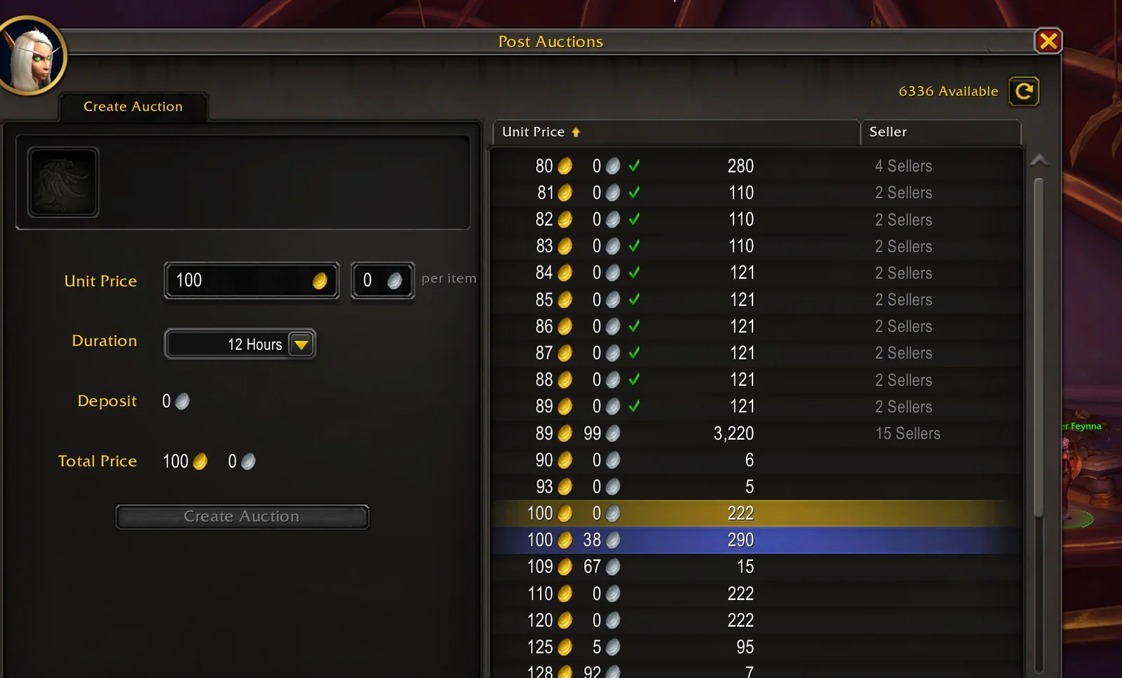 Game auction screen displaying item prices in gold and silver coins with seller counts