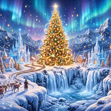 A festive winter scene with a large illuminated Christmas tree, snow-covered mountains, a frozen waterfall, and a person with reindeer under an aurora