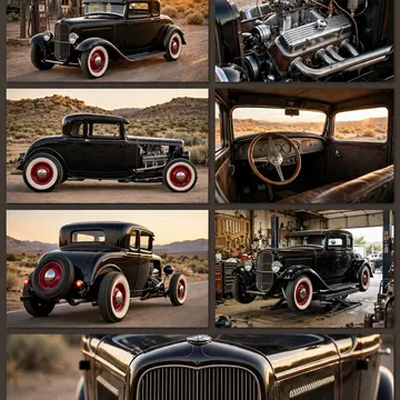 Black classic hot rod with red and white wheels parked in desert and garage scenes