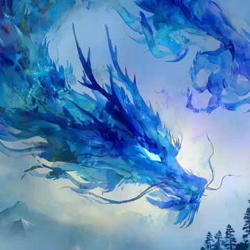 A blue watercolor dragon flying over snowy mountains and pine trees in a misty sky